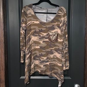 Camo Long Sleeve Top with Gold Sequin Pocket